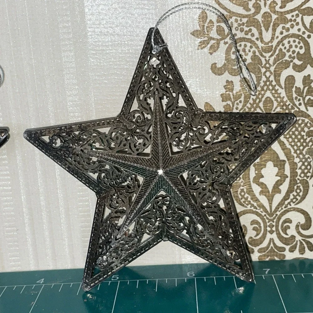 x2 Decorative Star Ornament Silver Colored Metal Intricate Punched Tin Filigree